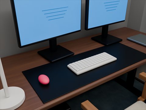 深棕木桌与键鼠、双显示器的局部
